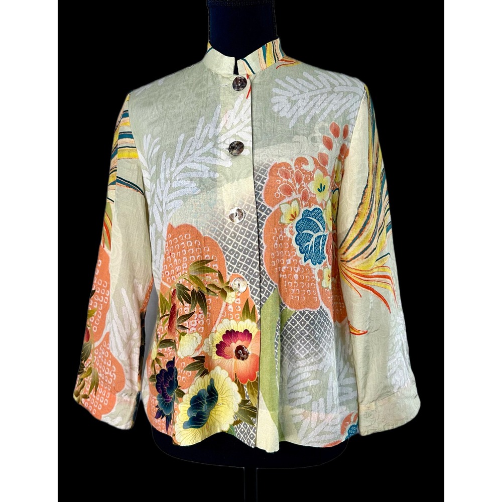 Citron Santa Monica Petite Small Floral Chinoiserie Mandarin Blouse Green PS